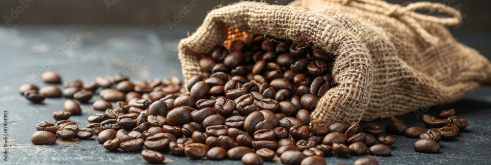 Obraz premium Aromatic coffee beans spill from a burlap sack on a dark background, showcasing their rich texture and tempting aroma