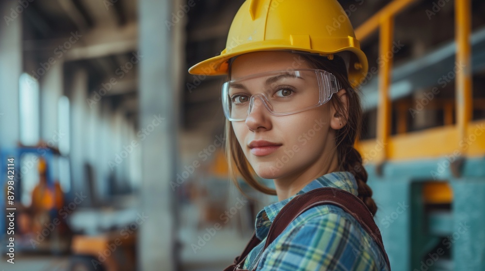 Female builder in a helmet with tools at work, photo of woman constructor for Labor Day Female builder in a helmet with tools at work, photo of woman constructor for Labor Day