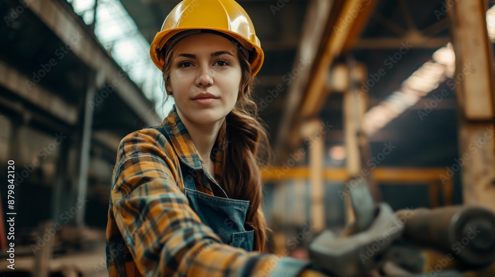 Female builder in a helmet with tools at work, photo of woman constructor for Labor Day Female builder in a helmet with tools at work, photo of woman constructor for Labor Day