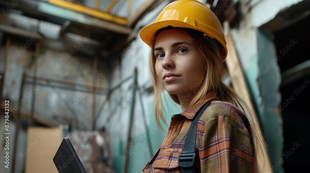Female builder in a helmet with tools at work, photo of woman constructor for Labor Day Female builder in a helmet with tools at work, photo of woman constructor for Labor Day