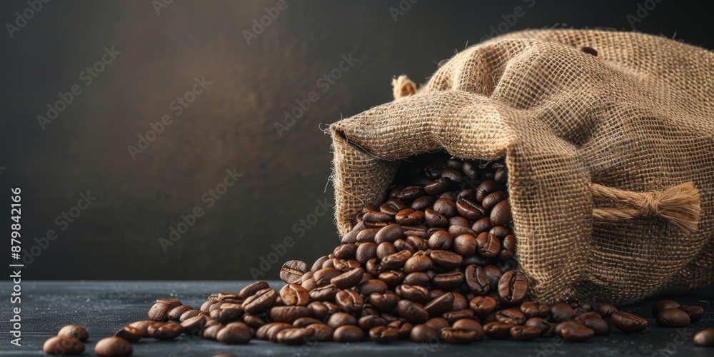 Aromatic coffee beans spill from a burlap sack on a dark background, showcasing their rich texture and tempting aroma Aromatic coffee beans spill from a burlap sack on a dark background, showcasing their rich texture and tempting aroma