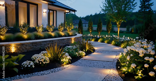 A beautifully landscaped garden with a stone path winding through vibrant flower beds, illuminated by warm lights at dusk, ideal for real estate listings, landscaping websites, or home décor magazines