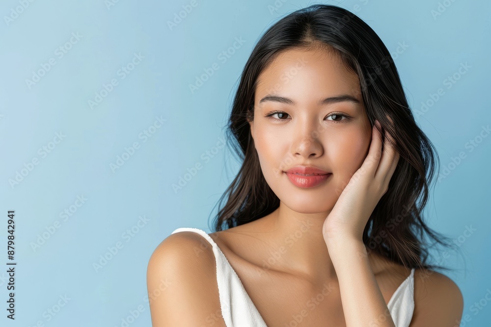 A beautiful Japanese woman Pretty Asian beauty woman curly long hair with Korean makeup glowing face and healthy facial skin portrait smile on isolated beige background. Cosmetology ,Plastic surgery. A beautiful Japanese woman Pretty Asian beauty woman curly long hair with Korean makeup glowing face and healthy facial skin portrait smile on isolated beige background. Cosmetology ,Plastic surgery.