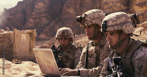 Military soldier using laptop for navigation in desert environment photo