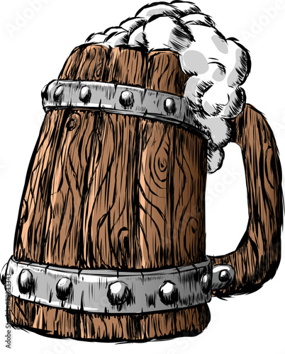 Hand-drawn wooden mug withHand-drawn wooden mug with foamy beer. Vector illustration Wooden old craft mug for tavern forged with metal rings and rivets. On wooden dishes there is a pattern and texture