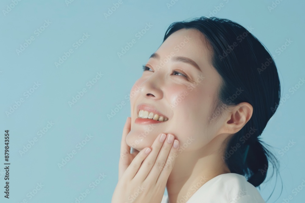 A beautiful Japanese woman Pretty Asian beauty woman curly long hair with Korean makeup glowing face and healthy facial skin portrait smile on isolated beige background. Cosmetology ,Plastic surgery. A beautiful Japanese woman Pretty Asian beauty woman curly long hair with Korean makeup glowing face and healthy facial skin portrait smile on isolated beige background. Cosmetology ,Plastic surgery.