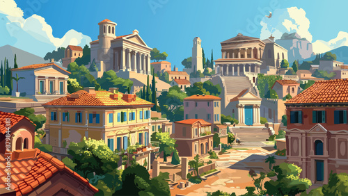 Ancient Roman City Unique Architecture Cartoon Game Illustration Historical Classical Buildings Temples Forum Streets Civilisation Empire Antiquity Ruins Arches Columns Grandeur