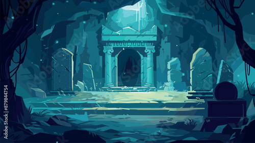 Ancient Vampire Mausoleum Hidden in Mysterious Cave Cartoon Game Background Mythical Crypt Undead Tomb Spooky Adventure Illustration Haunted Dungeon Cryptic Exploration