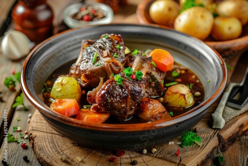 Roasted pork cheeks with vegetables in sauce and potatoes on wooden surface photo