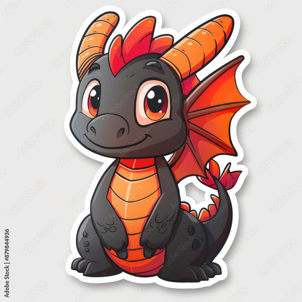 Naklejka premium Sticker, dragon with a shield and sword in the style of cartoon style on a white background. Drawn in a cutely cute style