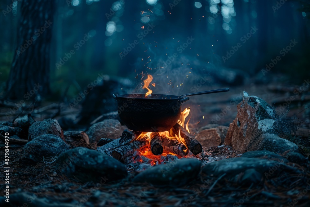 Cooking water kettle on bonfire in forest, camping , campfire , camping life Cooking water kettle on bonfire in forest, camping , campfire , camping life