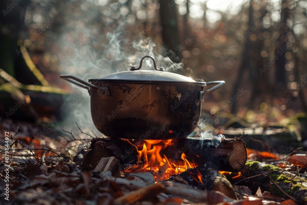 Cooking water kettle on bonfire in forest, camping , campfire , camping life Cooking water kettle on bonfire in forest, camping , campfire , camping life