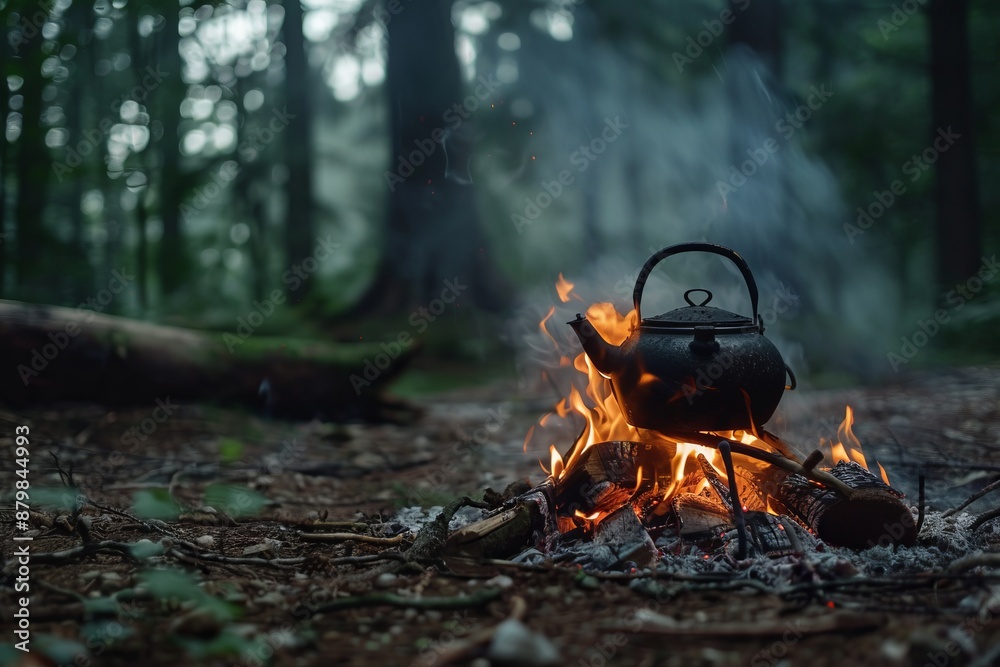 Cooking water kettle on bonfire in forest, camping , campfire , camping life Cooking water kettle on bonfire in forest, camping , campfire , camping life