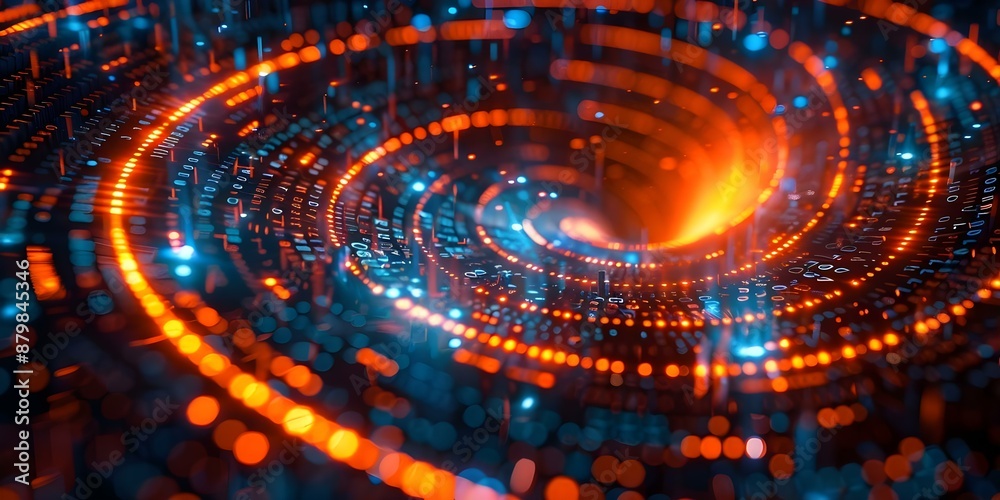 Fototapeta premium View from above of a digital binary engine core with streaming binary code. Concept Technology, Artificial Intelligence, Binary Code, Digital Innovation, Information Science