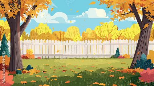 Back Yard with Yellow Trees and Fallen Leaves on the Lawn and White Wooden Fence Cartoon Game Background Autumnal Landscape Scenic Outdoor Environment Adventure Illustration