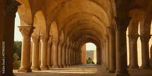 A majestic stone hallway with arches and columns, perfect for projects related to architecture, history, travel, or spirituality.