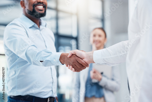 Business people, partnership and handshake closeup for funding agreement, investment and b2b deal. Meeting, executive director and entrepreneur greeting investor for collaboration, success or support