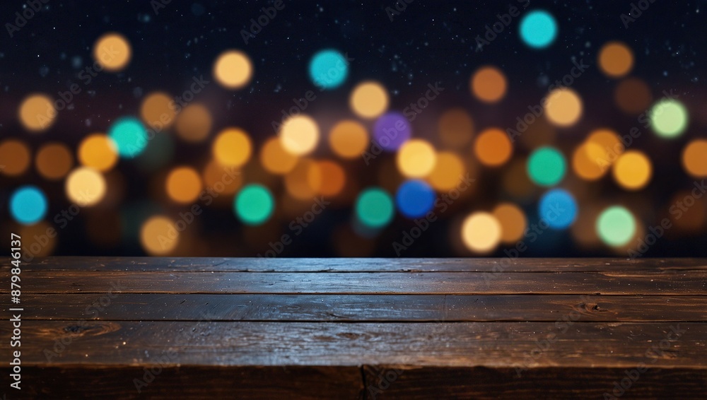 Empty wooden table with neon light bokeh background, night view, blurred bokeh lights background Empty wooden table with neon light bokeh background, night view, blurred bokeh lights background