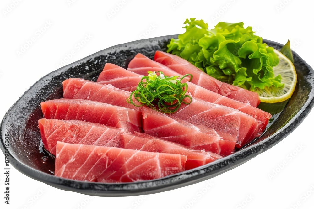 Seared tuna in sashimi style with citrus ponzu sauce on black plate Seared tuna in sashimi style with citrus ponzu sauce on black plate
