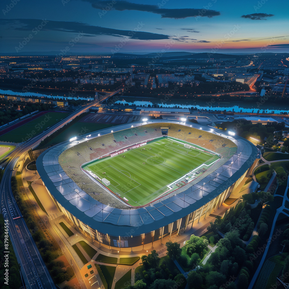 Fototapeta premium Aerial view of a football stadium in the evening, arena during a game with audience, architecture of the arena team city game competition sports field
