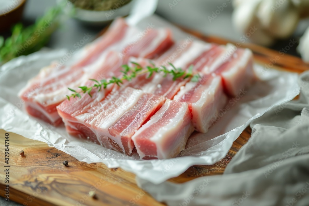 Several slices of raw pork belly arranged on parchment covered cutting board Several slices of raw pork belly arranged on parchment covered cutting board