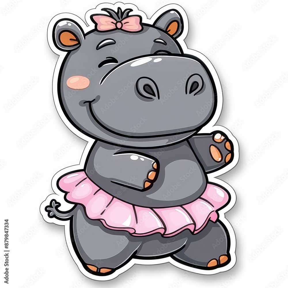 Sticker, hippo with a tutu dancing in the style of cartoon style on a white background. Drawn in a cutely cute style Sticker, hippo with a tutu dancing in the style of cartoon style on a white background. Drawn in a cutely cute style