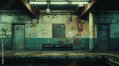 An old, forgotten train station platform with old metalic doors