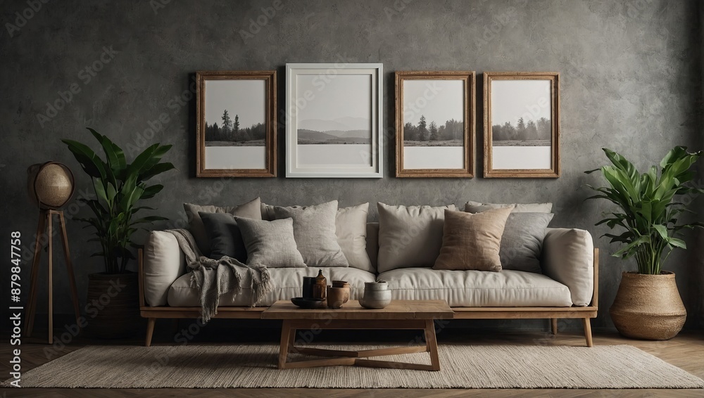Fototapeta premium Four vertical empty frames on the wall, boho interior mockup