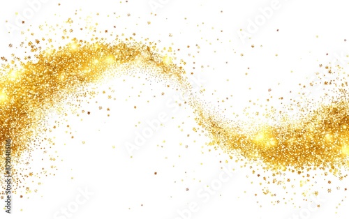 Texture of golden sheen on white background. Wave of shiny confetti. 