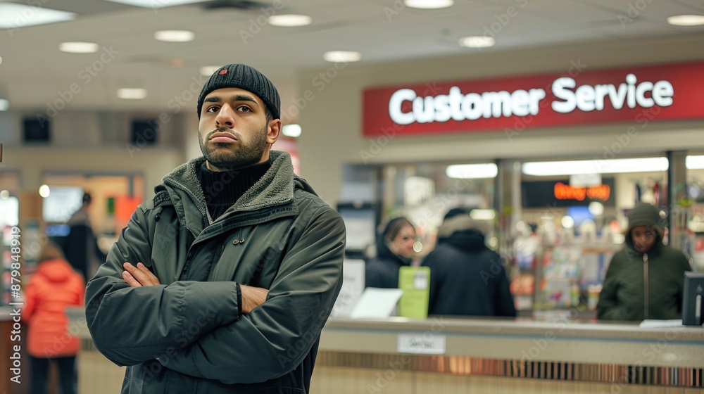 Man standing in line at customer service. Man standing in line at customer service.