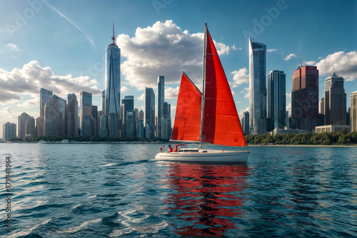 Scenery of sailboat with red sails at urban skyscrapers skyline on calm sea waters. Traditional sailboat on modern city skyline background. Travel vacation and leisure concept. Copy ad text space