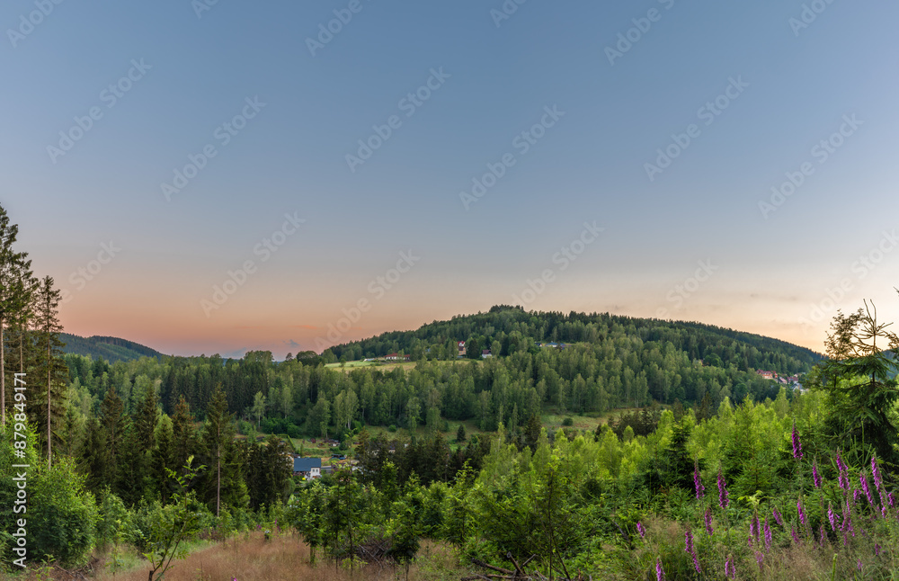 Fototapeta premium Landscape near Tisova village and Kraslice town before sunrise