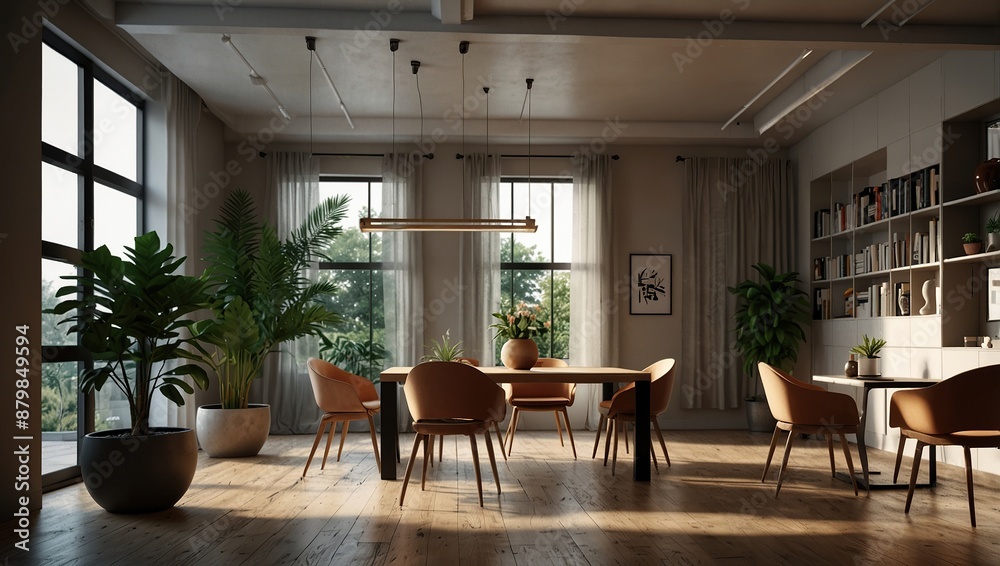 Fototapeta premium Interior design of modern workspace with stylish ceiling and tables with chairs and potted plants indoor