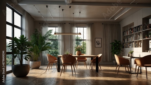 Interior design of modern workspace with stylish ceiling and tables with chairs and potted plants indoor