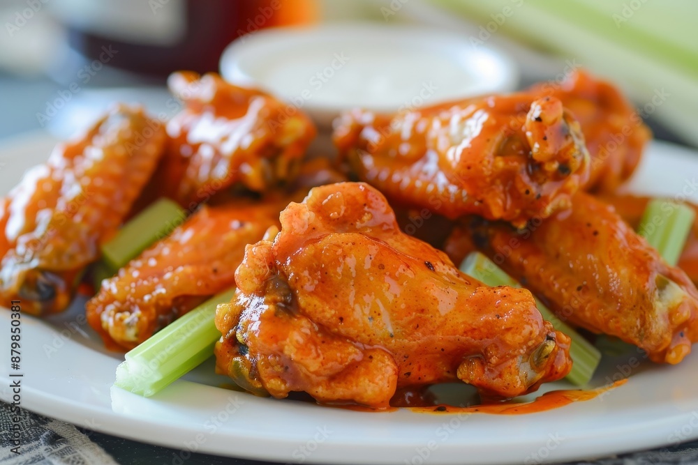 Spicy homemade boneless buffalo wings with celery and ranch dressing