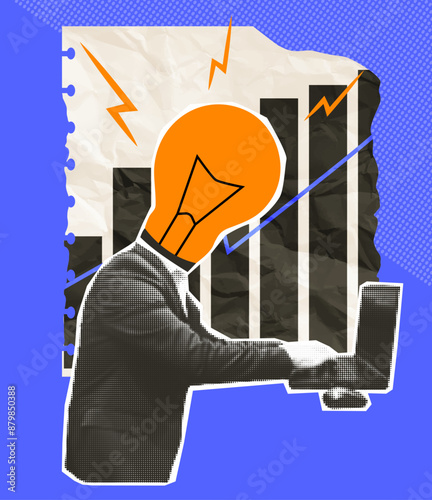 Business collage in halftone style. Modernism. Vector. A man typing on a computer in a suit. Works. Business analytics. Job. Trendy elements. Sample.  Retro. Paper. Light bulb. Idea