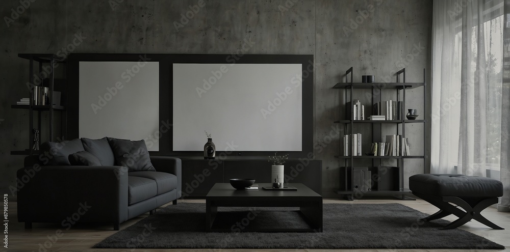 Interior of modern living room with black armchair, pouf and shelving unit Interior of modern living room with black armchair, pouf and shelving unit