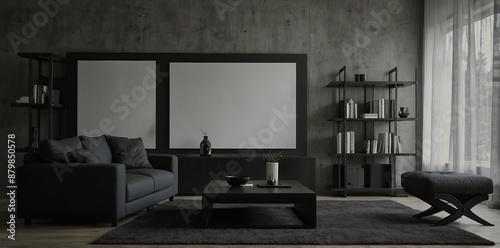 Wallpaper Mural  Interior of modern living room with black armchair, pouf and shelving unit Torontodigital.ca