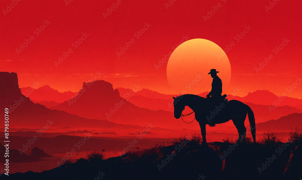 Silhouette of cowboy riding horses at summer sunset surrounded by desert, valley, mountains, wild west in america Silhouette of cowboy riding horses at summer sunset surrounded by desert, valley, mountains, wild west in america