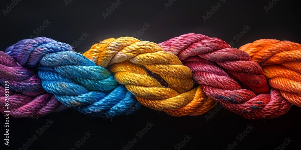 Vibrant braided rope with red, yellow, and blue strands on dark background, showcasing artistic colorful design Vibrant braided rope with red, yellow, and blue strands on dark background, showcasing artistic colorful design