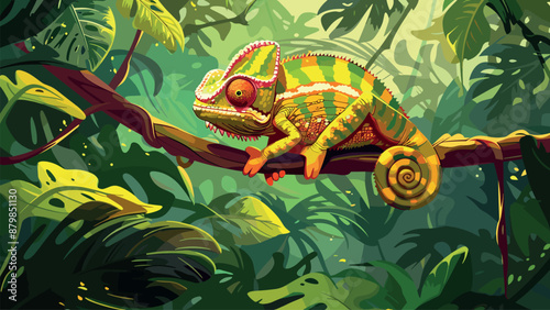 Chameleon Sitting on a Branch in a Dense Tropical Jungle Game Background Cartoon Game Illustration Rainforest Wildlife Habitat Exotic Reptile Camouflage Rainforest Canopy Adventure