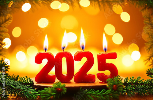 Festive background Happy New Year 2025, bokeh. The numbers 2025 from red burning candles on a golden festive background, around a frame of fir or pine branches. Concept of Christmas and New Year.