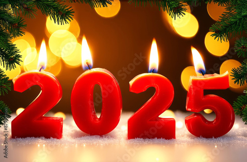 Festive background Happy New Year 2025, bokeh. The numbers 2025 from red burning candles on a golden festive background, around a frame of fir or pine branches. Concept of Christmas and New Year.