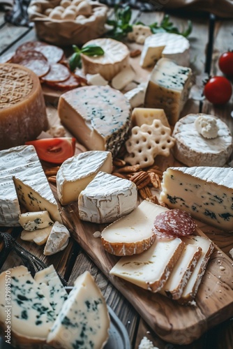 Assortment of cheese on wooden table, closeup. Dairy products. Cheese Selection. Large assortment of international cheese specialities.