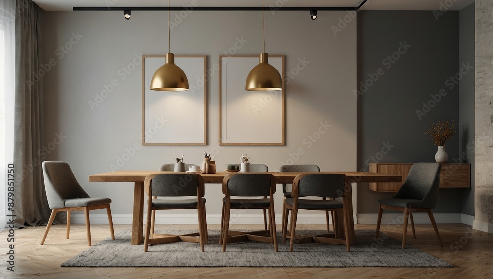 Light eating room interior with table and seats, stand and mockup frame Light eating room interior with table and seats, stand and mockup frame