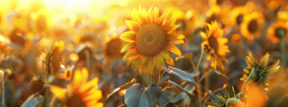Fototapeta premium A sunflower field at sunset with a golden glow. generative ai