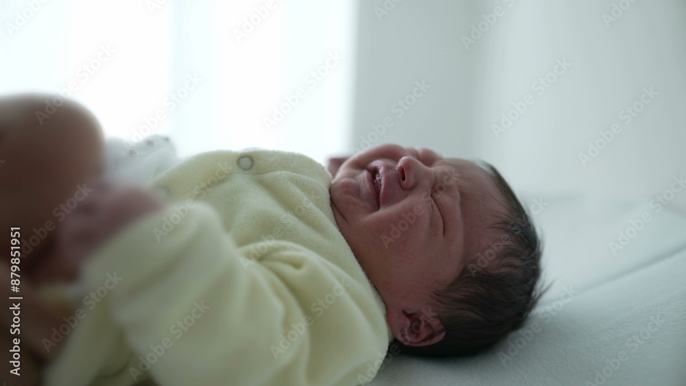 Newborn baby showing discomfort while nurse changes diaper during hospital routine. essential aspects of newborn care, highlighting the tender and careful handling required for infant hygiene Newborn baby showing discomfort while nurse changes diaper during hospital routine. essential aspects of newborn care, highlighting the tender and careful handling required for infant hygiene