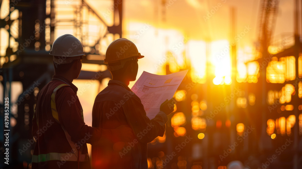 Engineers examining blueprint at construction site during sunset, silhouette of workers in hard hats and safety vests Engineers examining blueprint at construction site during sunset, silhouette of workers in hard hats and safety vests