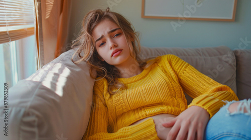 Young woman feeling unwell and lying on couch in cozy living room, wearing a yellow sweater, feeling sick