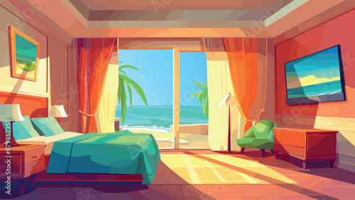 Coastal Hotel Bedroom Sea View Interior Cartoon Game Background Beachfront Accommodation Scenic Ocean View Resort Room Adventure Illustration Relaxing Getaway Coastal Retreat